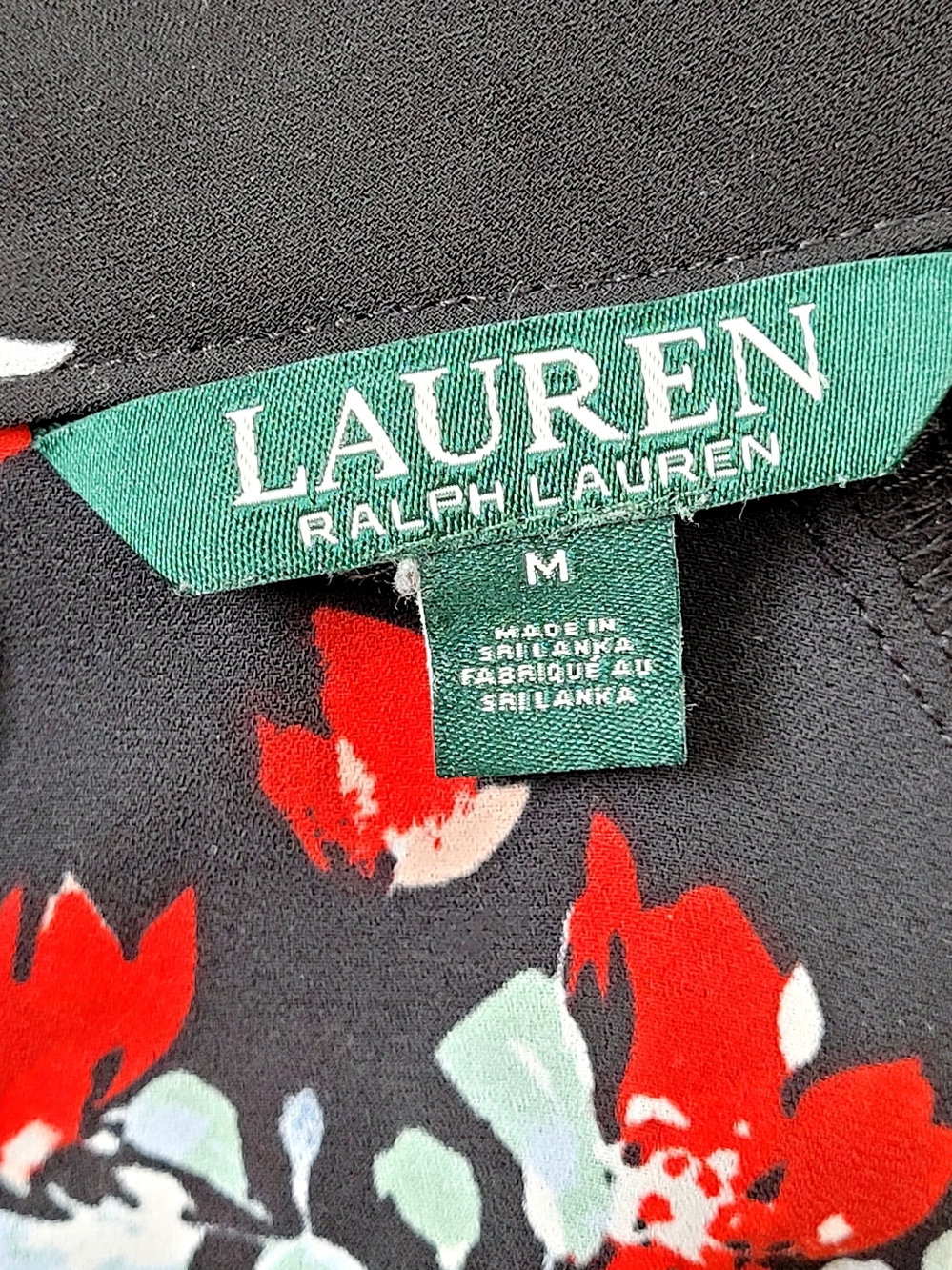 Lauren Ralph Lauren Black Multi Floral Tie-Neck Blouse Ruffle Trim Medium - Picture 7 of 10